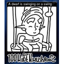 A dwarf is swinging on a swing