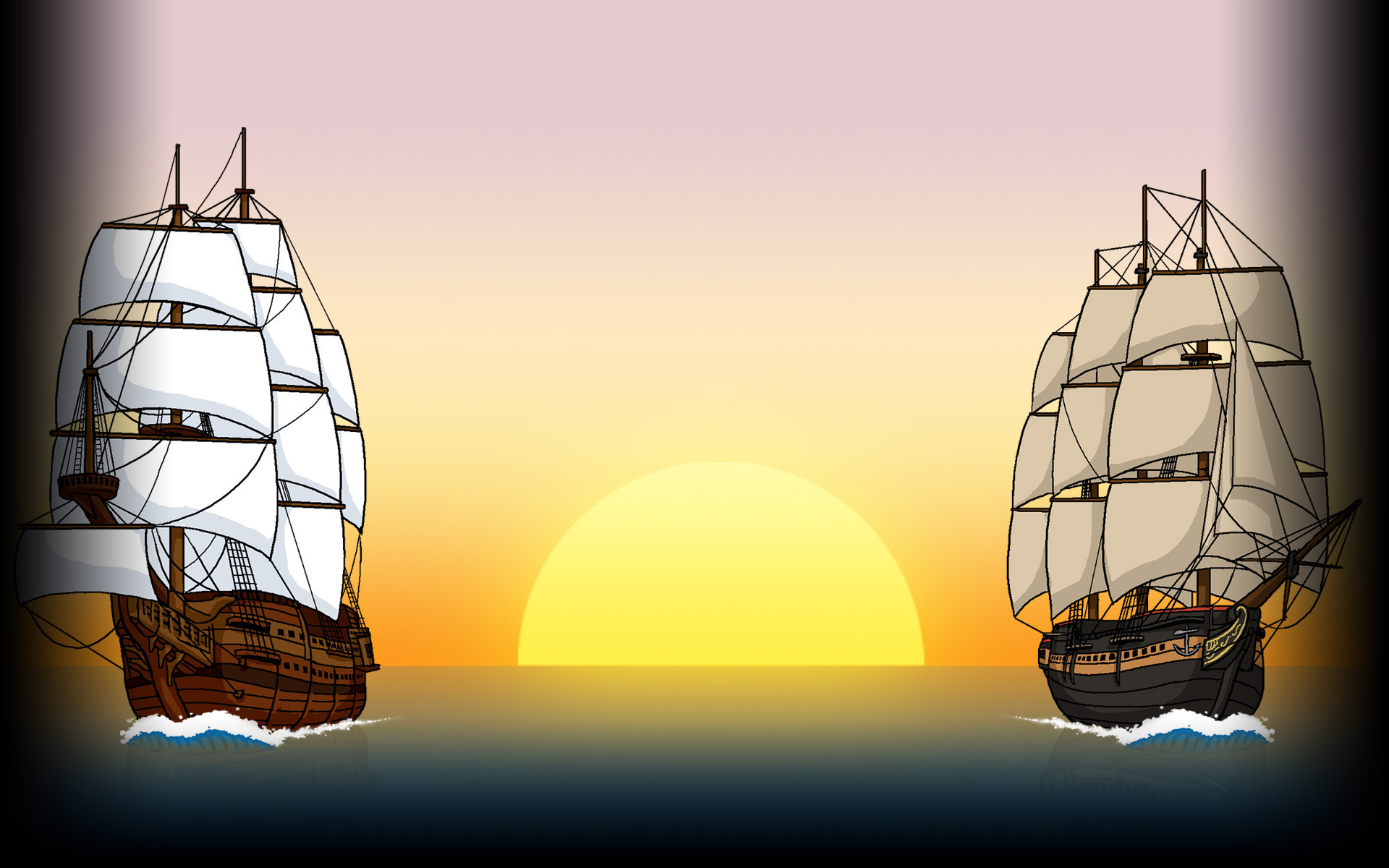 Galleon engaging frigate on sunset