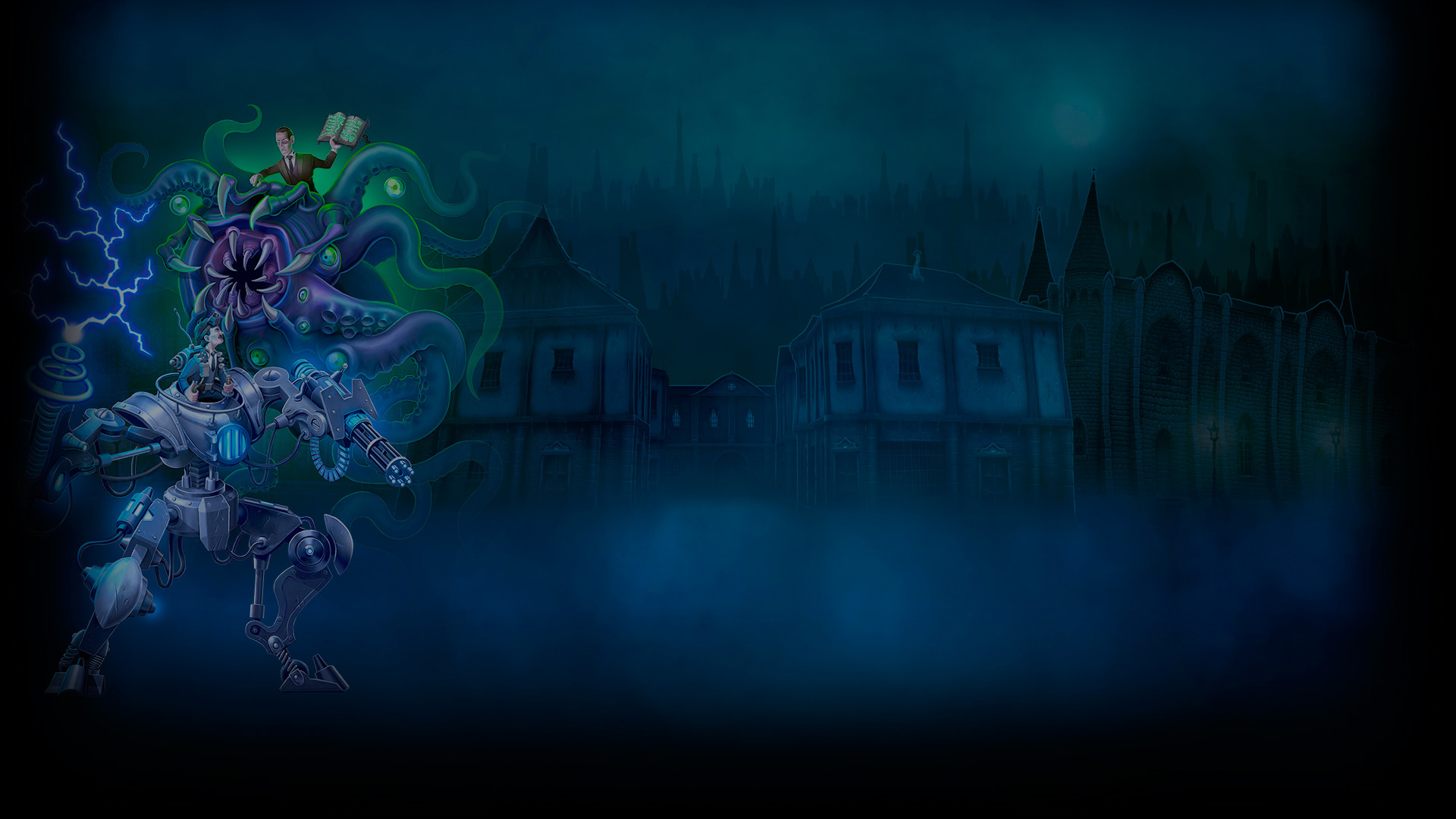 Tesla vs Lovecraft title art background