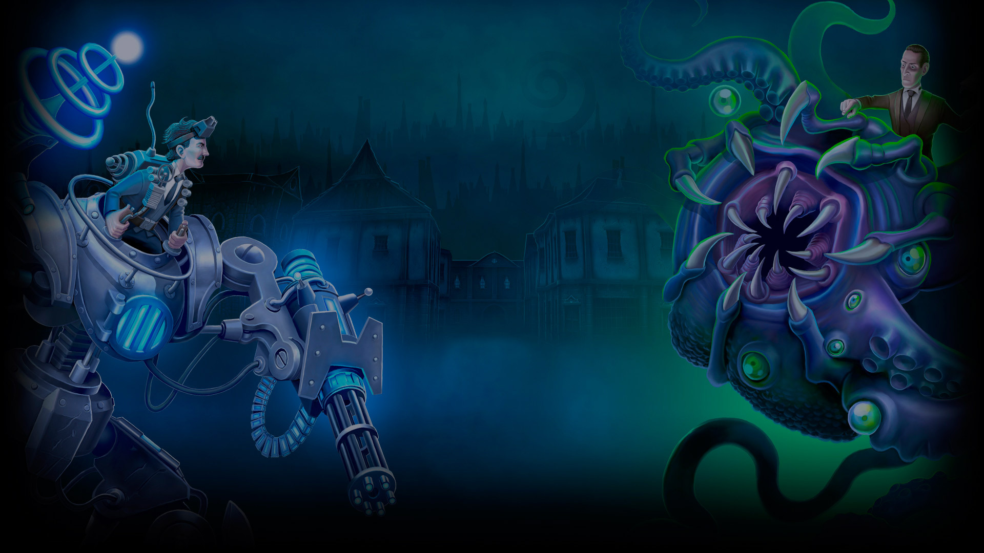Tesla vs Lovecraft metal vs tentacles background